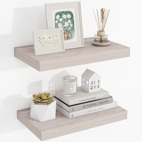 Acovy 16 Inch Floating Shelves, 3D Textured Wood Grain, 16"x9.25"x1.5" Inch Deep Floating Shelves for Wall, Wooden Shelves for Bathroom, Bedroom, Living Room, Washed White, 2 Pieces - color: Washed White, size: 16"x9.25"-2pcs