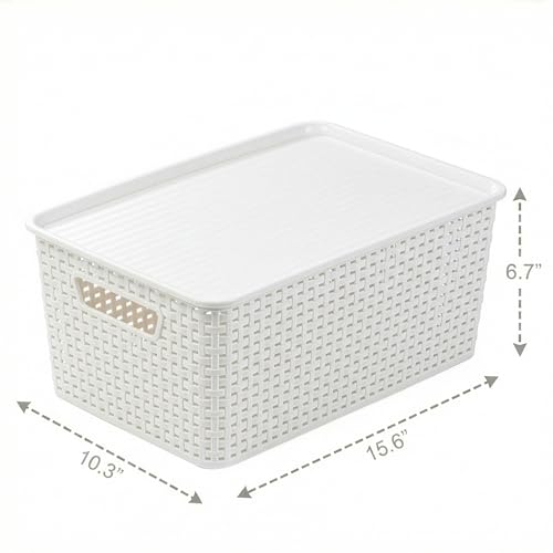BINO | Plastic Storage Baskets with Lids, 15.5 Liter - 3 Pack, White | THE WOVEN COLLECTION | Storage Basket for Shelves Woven Storage Baskets for Organizing Bins Pantry Shelf Organizer Container Bin - color: White, size: 13.5L | 3-Pack