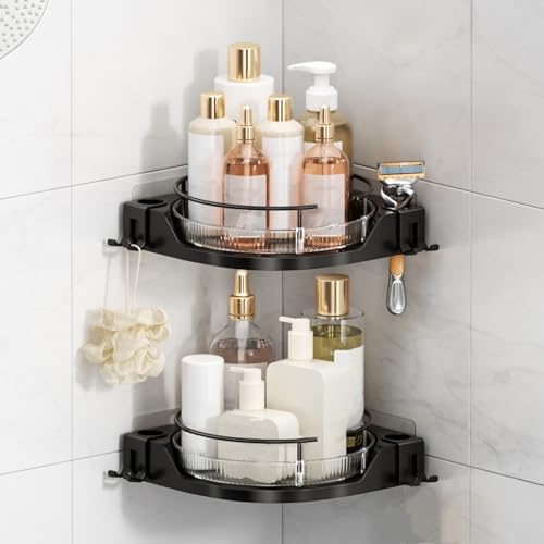 360°Rotating Corner Shower Caddy(2-Pack), No-Drill Adhesive Shower Shelf Organizer with Hooks, Lazy Susan Bathroom Storage for Bathtub, Shower Corner & Kitchen Sink, Space Saving Bathroom Organizer - color: Dark Black