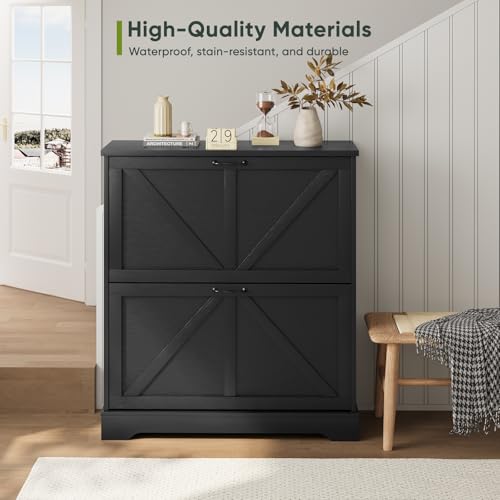 Smart FENDEE Shoe Cabinet, Shoe Storage Cabinet for Entryway with 2 Flip Drawers, Narrow Farmhouse Shoe Organizer Cabinet, Slim Shoe Rack Cabinet, 31.5in Black - color: Black, size: Width - 31.5 inches
