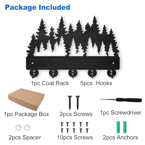 MAYJOYDIY Forest Coat Rack Wall Mount - 11.8x7.9 inch Wood Dense Forest Tree Wall Art Decor Key Holder 5 Alloy Hooks Black Hook Rack for Entryway, Living Room, Bedroom - Gift - color: Forest