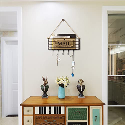 SRIWATANA Mail Holder, Rustic Mail Organizer Wall Mount Hanging Mail Sorter Letter Basket with 5 Key Holder for Wall, Large, Carbonized Black - color: Carbonized Black, size: Large