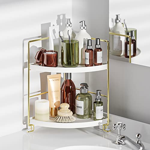 2-Tier Bathroom Corner Counter Organizer, Makeup Storage Shelf Vanity Tray, Bathroom Sink Countertop Organizer, Gold - color: Gold