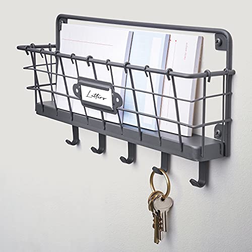 Spectrum Key Holder Wall Mount Mail Organizer for Entryway Office Kitchen Bedroom Storage Organization, Vintage Living Industrial Gray Wire Hanging Key Hook Mail Storage Rack Easy to Mount Basket