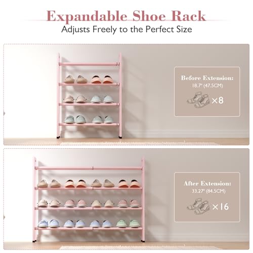 Bumusty 4-Tier Expandable Shoe Rack for Closet, 18“-33” Adjustable Shoe Rack for Small Space, Small Shoe Organizer for Front Door, Sturdy Metal, Pink - color: Pink, size: 4-Tier