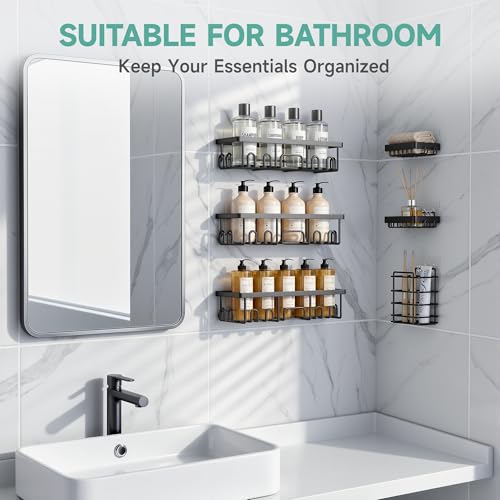 Veken Shower Caddy 6-Pack, Advanced Rustproof Design, No Drilling Adhesive Shelves, Rack with Soap Holder, Large Capacity Bathroom Organizers and Storage, Wall-Mounted Kitchen & Home Decor - color: Black