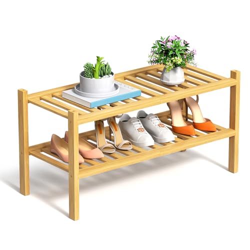 RONGJlA 2 Tier Bamboo Shoe Rack for Closet Free Standing Wood Shoe Shelf Storage Organizer for Entryway Small Space Stackable, Natural - color: Natural, size: 2-Tier-Heavy Duty