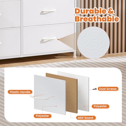 Sweetcrispy 10 Drawer Fabric Dresser Tall Chest Storage Organizer Tower with Cabinet Metal Frame and Wood Top Lightweight Closet Furniture for Bedroom,Cream White - color: White, size: 31.5"D x 11.8"W x 45.7"H (10 Drawers)