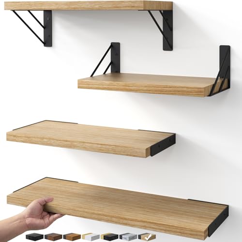 BAYKA Wall Shelves for Bedroom Decor, Floating Shelves for Living Room Kitchen Storage, Wall Mounted Rustic Shelves for Kids Books, Corner Shelf for Bathroom(Carbonized Brown,Set of 4) - color: F. Carbonized Brown Board & Black Brackets, size: 16-inch Mix