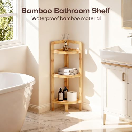 2026 New Bamboo Standing Shelf, 3 Tier Corner Shelf Stand, Free-Standing Shelf Units, Triangular Curved Corner Shelf Stand for Space-Saaving Display Ideal for Bathroom/Kitchen/Living Room Storage - size: 3-Tier