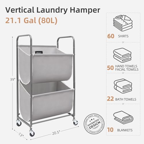 STORAGE MANIAC 80 Liters Vertical Rolling Laundry Hamper, 2 Section Laundry Sorter with Wheels and 2 Breaks, 2-tier Laundry Baskets for Small Space, Dorm, Laundry Room, Closet, Bathroom, Gray 2-tier - color: Gray, size: 2 Tier