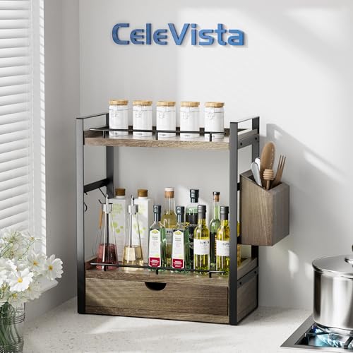 2-Tier Wood Bathroom Counter Organizer, Countertop Organizer with Drawer and Storage Basket, Bathroom Sink Organizer for Vanity, Skincare, Makeup, and Daily Essentials (Dark Brown) - color: Dark Brown