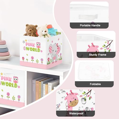 Clastyle Jungle Animal Kids Storage Cube Organizer Set Tree Closet Clothes Cube Storage Bin Nursery Toddler Toy Box Chest Boys Girls Book Shelf Basket,Pink,11.8x11.8x11.8 in - color: Pink