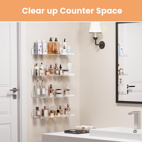 upsimples Acrylic Shelves for Bathroom Storage, 15" Floating Shelves Wall Organizer for Perfume, Make up, Skincare, Kids Bookshelf for Bedroom, Nursery, Living Room Decor, Clear, 4 Pack - color: Clear