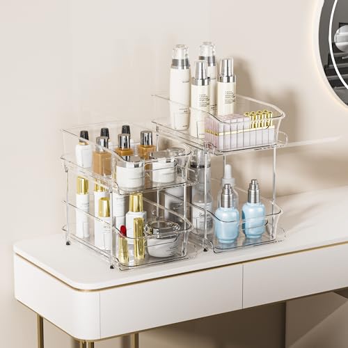 Delamu 2-Tier Under Sink Organizers and Storage, Multi-Purpose Stackable Bathroom Cabinet organizers, Pull Out Kitchen Pantry Organization and Storage with Dividers(2 Pack, Clear) - color: Clear, size: 2 Pack