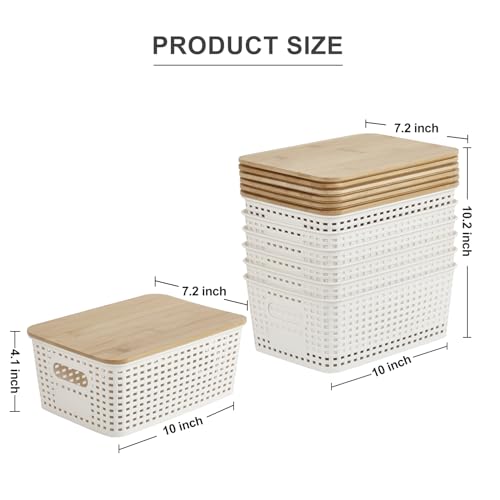 Bagnizer Small Plastic Storage Bins with Bamboo Lids 5.2qt Stackable Box Basket Pantry Decorative Containers Cute with Labels for Organizing Desktop Closet Office Cream White of 6 packs 10*7.2*4.1" - color: Cream White, size: Small- 6 Pack