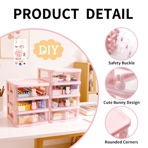 Desk Organizer with Drawer, Stackable Makeup Organizer White, Small Plastic Storage Box for Desktop, Bathroom Counter or Dresser, School, Home, Office (Pink-3 Tier) - color: Pink-3 Tier