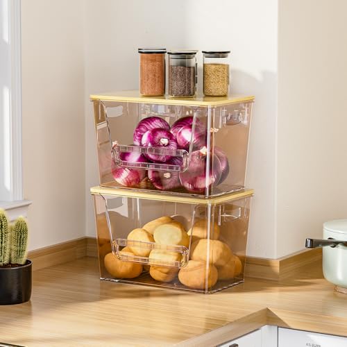 Delamu 2 Set Pantry Organizers and Storage,Trash Bag Dispenser with Bamboo Top,Stackable Trash Bag Dispenser Under Sink Organizer for 4-30 GalBags,Onion,Potato,Fruits,Amber(11-7/32"L*7" W*7-1/8"H) - color: Amber, size: 2pack