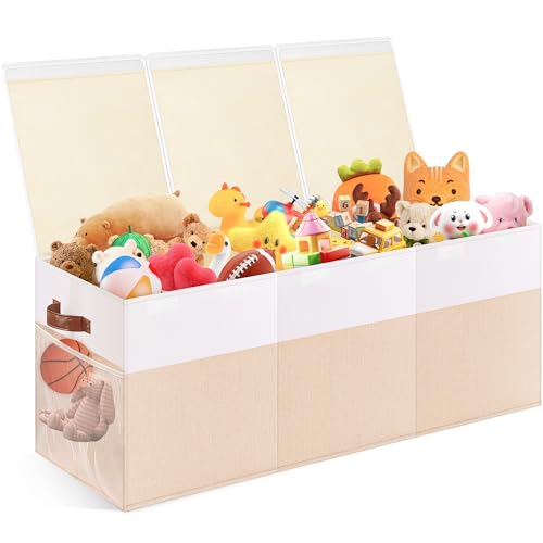 Extra Large Toy Storage Box with Lid, Collapsible Sturdy Toy Chest Storage Organizer Bin Basket with Divider for Kids, Boys, Girls, Closet, Playroom, Bedroom, Nursery, 40"X14"X16", Beige & White - color: Extra Large Beige & White