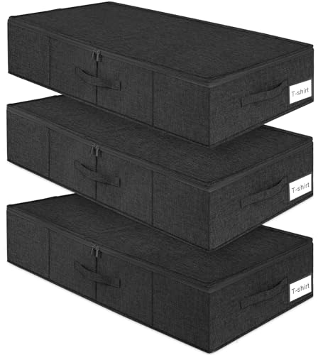 Under Bed Storage Container, 3 Pack Underbed Storage Bags With Lid, Foldable Sturdy Clothes Storage Organizer W/ 3 Handles, Ultra Thick Fabric Blanket Shoe Storage Box, 30x15x6.7inch, Black, 50L - color: Black-3 Pack, size: 6.7 inch Tall