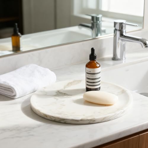 Karibiber Marble Serving Tray, 11.8in Round Vanity Tray for Bathroom Countertop, Calacatta Candle Holder for Coffee Table/Kitchen, Stone Home Decorative Catchall Tray for Perfume - color: Calacatta Golden