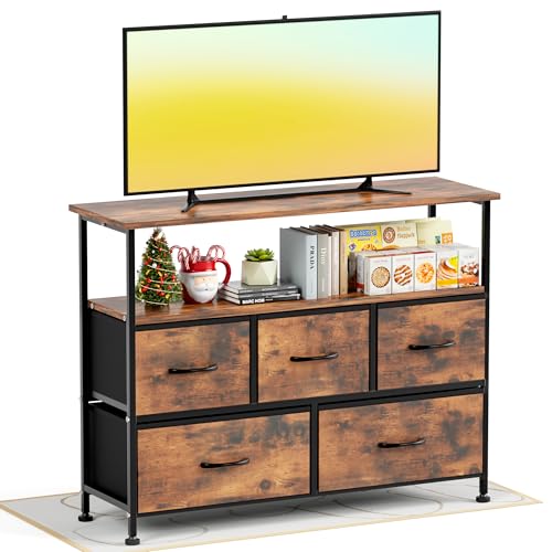 Simple Deluxe TV Stand Dresser for Bedroom Entertainment Center with 5 Fabric Drawers, Storage Organizers Units for Living Room, Media Console Table with Open Shelf up for 45" TV, Rust, Wood top - color: Rust, size: 39.3"D x 11.8"W x 31.8"H (5 Drawers)