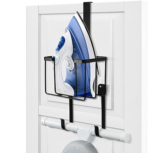 ORLESS Over The Door/Wall Mount Ironing Board Hanger, Laundry Room Iron and Ironing Caddy Board Storage Holder, Black - color: Regular Black
