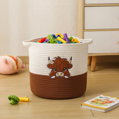Highland Cow Cute Basket for Nursery, Woven Cotton Rope Storage Basket for Kids, Baby Blanket Organizer with Handles, Storage Basket for Blanket Towel Toys Clothes, Highland Cow Decor, Medium - color: Cow, size: Medium
