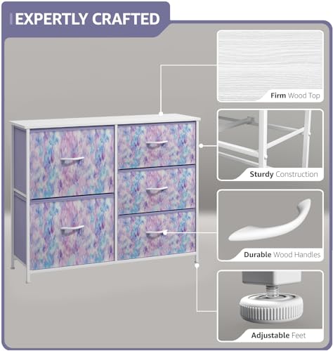 Sorbus Kids Dresser with 5 Drawers - Storage Chest Organizer Unit with Steel Frame, Wood Top & Handles, Tie-dye Fabric Bins for Clothes - Wide Furniture for Bedroom Hallway Kids Room Nursery & Closet - color: Purple Tie Dye, style: 5-Drawer