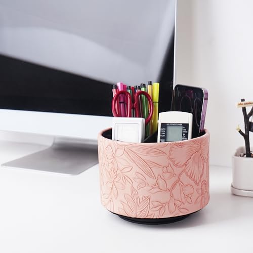 Hennaja Round Leather Art Supply Organizer,Remote Control Holder,360 Degree Spinning,Multi-Functional Pencil Holder,4 Compartments Desktop Stationary Organizer(1-Carved Pink) - color: 1-Carved Pink
