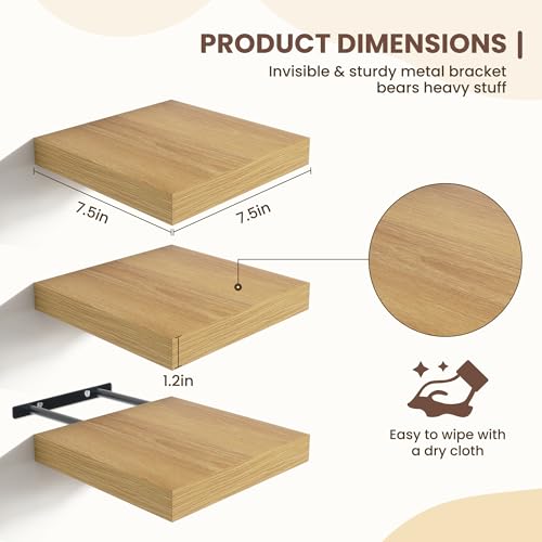 Fun Memories Floating Shelves for Wall - 7.5 Inch Square Shelves with Invisible Brackets, Small Wall Shelf for Living Room, Bathroom, Bedroom, and Kitchen Decor Oak Set of 3 - color: Oak, size: 7.5"W x 7.5"D - 3P