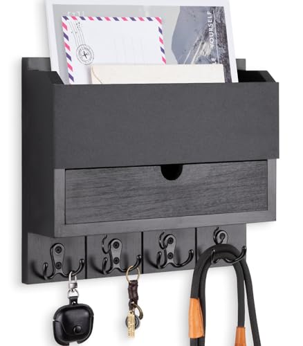 Mail and Key Holder Wall Mount with Storage Drawer – Modern Wooden Mail Organizer for Wall Entryway, 7 Key Hooks & Chalkboard Panel – Stylish Home Decor for Apartments, Living Room, Office - color: Black