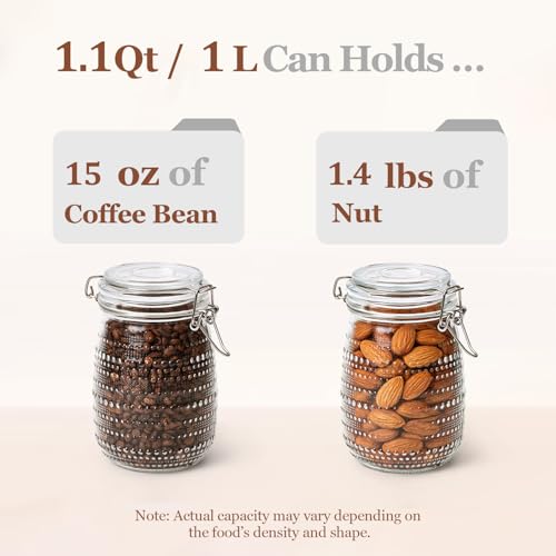 ComSaf 34oz / Set of 3 Glass Small Kitchen Canisters for Coffee Bar & Countertop,Decorative Apothecary Jars for Coffee Station,Embossed Storage Containers for Tea, Sugar, and as a Housewarming Gift - size: 34oz/3pcs