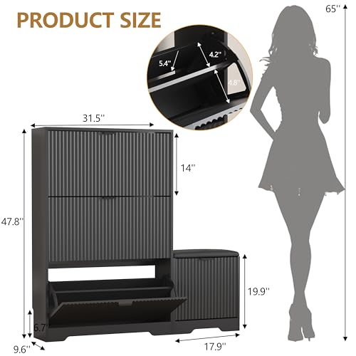 HUANLEGO Shoe Cabinet Storage for Entryway with 4 Flip Drawers, Black Fluted Shoe Cabinet with Bench, Wooden Hidden Shoe Rack Freestanding Narrow Slim Shoes Storage Organizer for Hallway, Entrance - color: Black, size: 4 Drawer with Bench