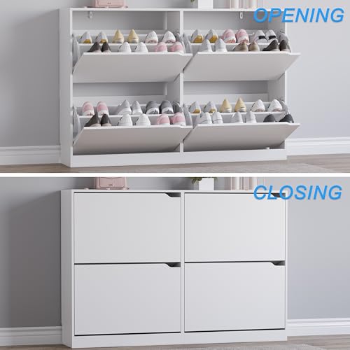 BORNOON Shoe Cabinet with 4 Flip Drawers, Narrow Hidden Shoe Storage Cabinet, Slim Freestanding Shoe Rack Organizer for Entryway, Hallway, Bedroom, Living Room - color: White, size: 4 Drawers