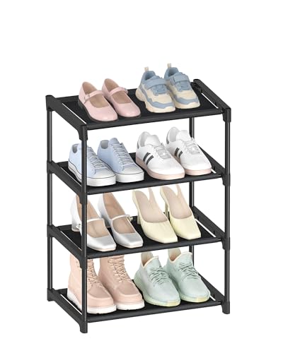 HITHIM 4 Tiers Small Shoe Rack,Narrow Stackable Shoe Shelf Organizer,Sturdy Shoe Stand, Non-Woven Fabric Metal Shoe Racks for Entryway, Doorway and Bedroom Closet - size: 4-tier
