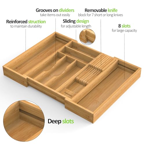 Bamboo Kitchen Drawer Organizer, Expandable Silverware Organizer with Removable Knife Block, 6-8 Slots- Utensil Holder & Cutlery Tray Drawer Dividers, 2.36" Deep for Extra Capacity, Natural - color: Natural