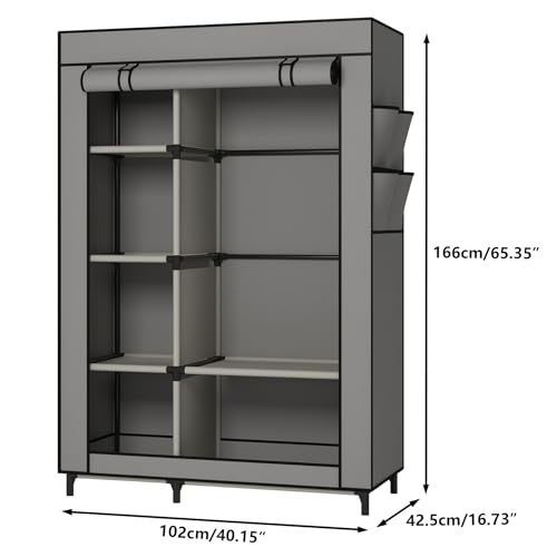 Calmootey Portable Closet Organizers, Clothing Storage, Wardrobe with 6 Shelves and Hanging Rod, Non-Woven Fabric Cover with 4 Side Pockets, Grey - color: Grey