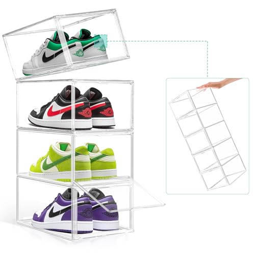12 Pack Drop-Front Clear Shoe Box Acrylic Storage Box Shoe Organizer Size 13, Stackable Shoe Tower with Magnetic Door Large Storage Bins for Sneaker Containers Display & Closet Organization - color: Clear, size: Large Size 14