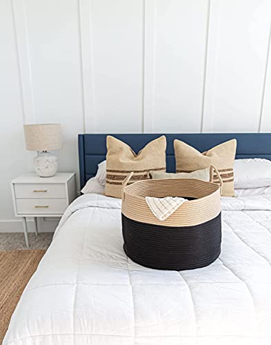 OrganiHaus Large Woven Storage Basket for Blankets and Toys 20" x 13" Inch, Rope Laundry Basket with Handles, Cushions & Pillows Storage Bin, Nursery Hamper, Soft Round Dog Toy Bin - Black/Honey - color: Black / Honey, size: Wide
