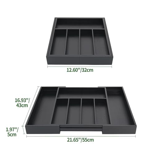 VaeFae Premium Bamboo Drawer Organizer, Expandable Silverware Drawer Organizer, Cutlery Tray with Dividers for Kitchen Utensils (Black, Large) - color: Black, size: Large