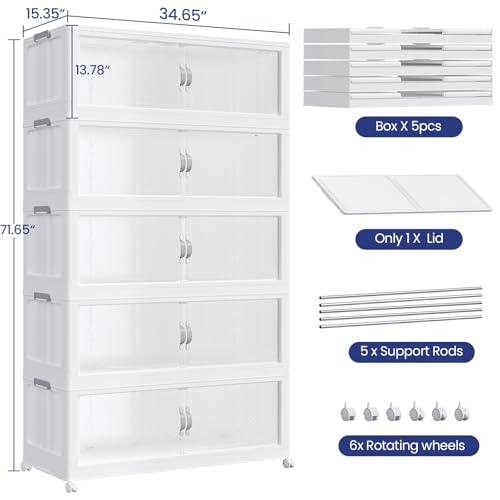 300Gal/1200QT 5-Tiers Extra Large Stackable Storage Bins with Lid, Collapsible Cabinet Closet Organizer Plastic Container Box with Wheels Doors Drawers for Living Room Kitchen Office, White - size: 60Gal, style: 5Pack