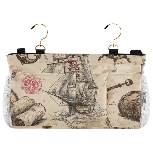 Bedside Caddy Metal Frame Hanging Organizer Bunk Bed Dorm Accessories Hook And Loop Storage Bag Large Pockets Beige Anchor Sail Pirate - color: Beige Anchor Sail Pirate