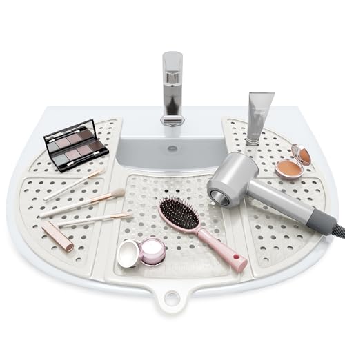 Sink Topper Bathroom Counter Cover & Storage Saver, Foldable Silicone Mat for Hot Tools, Hair Styling & Makeup, Beauty Brush Cleaning Mat, RV Camper Sink Cover & for Small Spaces (Standard Pearl) - color: White, size: Standard