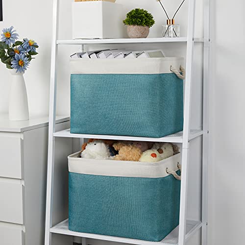 Bidtakay Foldable Storage Bins Set of 2 Tall Cloth Baskets 16" X 11.8" X 11.8" Decorative Organizers for Linen Closet (White & Teal) - color: White&Teal, size: 2 Pack-L-16x11.8x11.8 In