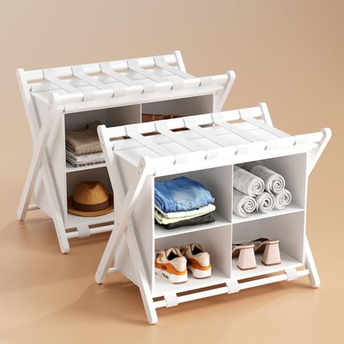 Folding Luggage Rack, 2-Pack White Bamboo Suitcase Stands with 4 Storage Compartments , Sturdy Luggage Holders for Guest Room, Bedroom, Hotel - color: White 2 Pcs