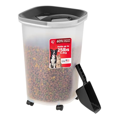 IRIS USA Pet Food Storage Container 25 lbs, Premium 60% Improved Airtight Seal with Air Valve, 2 Cup Scoop, Removable Wheels, Easy to Open - Made in the USA, Black - color: Black, size: 25 lbs