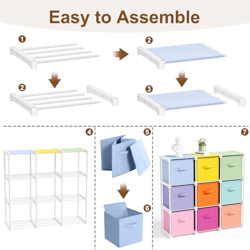 Briwooody 9 Cube Storage Organizer Bins with Shelf 11'' Toy Storage Box Back to School Dorm Organizers Fabric Unit for Playroom Book (Macaron Colors) - color: Macaron Colors