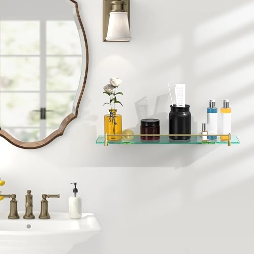 20 Inches Glass Shelves for Bathroom, Brushed Gold Floating Glass Shelf Stainless Steel Tempered Glass Bathroom Shelves for Wall Mount Modern - color: Brushed Gold, size: 20"with railing