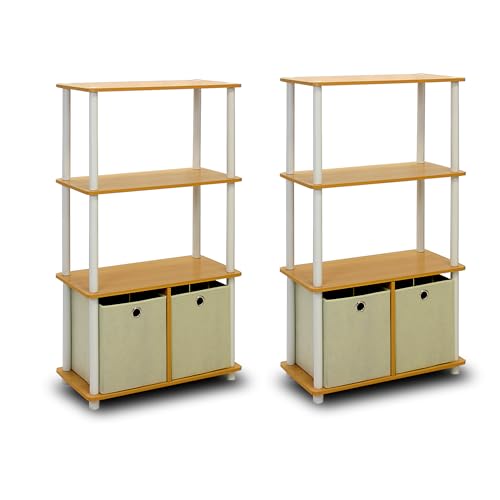 Furinno Go Green 4-Tier Multipurpose Storage Rack Shelving Unit with Bins (Set of 2), Beech - color: Beech/White, size: 4-Tier with Bin (Set of 2)